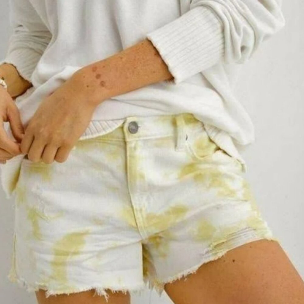 Aerie Daydream Cotton Blend Destroyed Tie-Dye Denim Short in Yellow/White NWT